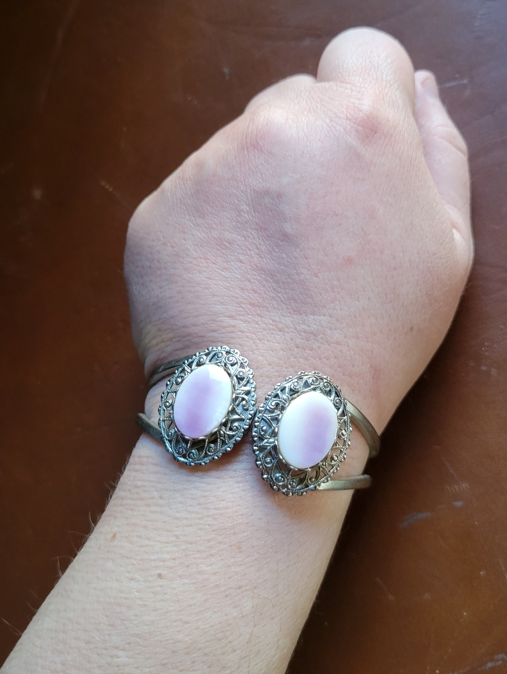 Silver Tone Metal Hinged Bracelet Vintage Pink Stones, Victorian Style